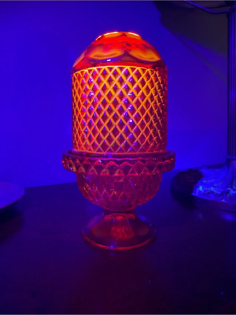 Vintage Viking Glass Ruby Red Diamond Point Glimmer Fairy Lamp MCM Cadmium Glow